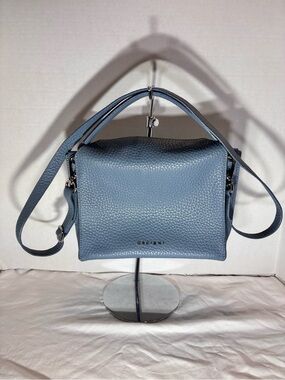 Orciani Dusty Blue Pebbled Leather Satchel with Adjustable Strap